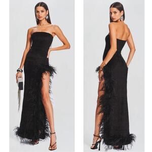 RETROFETE Lula Strapless Feather Hem High Slit Bodycon Black Maxi Dress Size XL